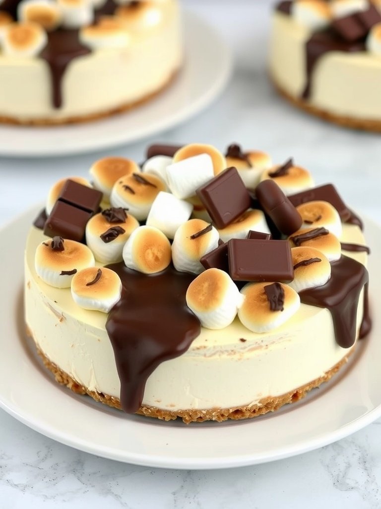 A delicious s'mores cheesecake topped with marshmallows and chocolate drizzle