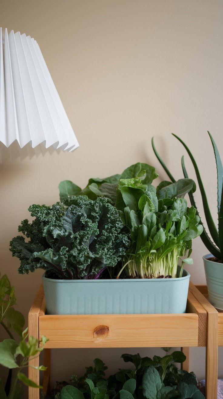A collection of leafy greens in a light blue planter on a wooden shelf, featuring kale, spinach, and microgreens, with an indoor plant in the background.