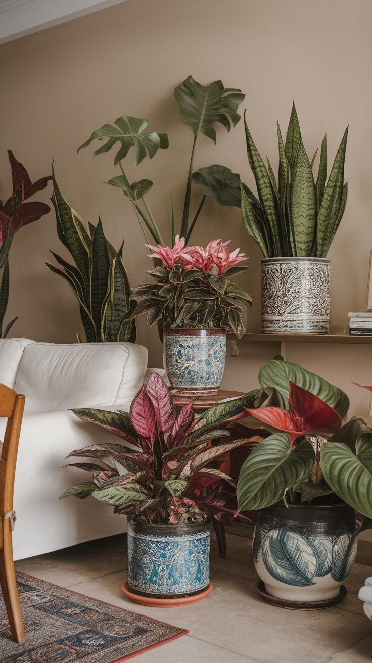 A collection of vibrant flowering houseplants arranged in decorative pots in a cozy setting.