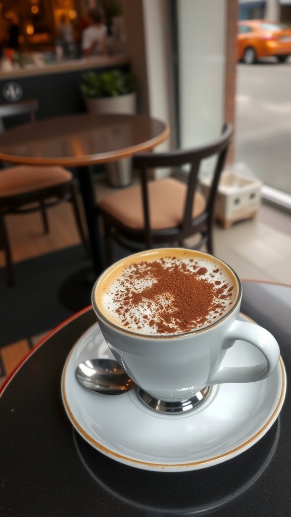 A frothy cappuccino topped with cocoa dusting in a white cup on a saucer.