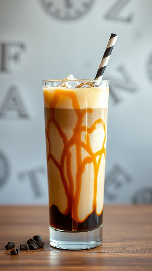A refreshing iced caramel macchiato in a tall glass with caramel drizzle and a straw.