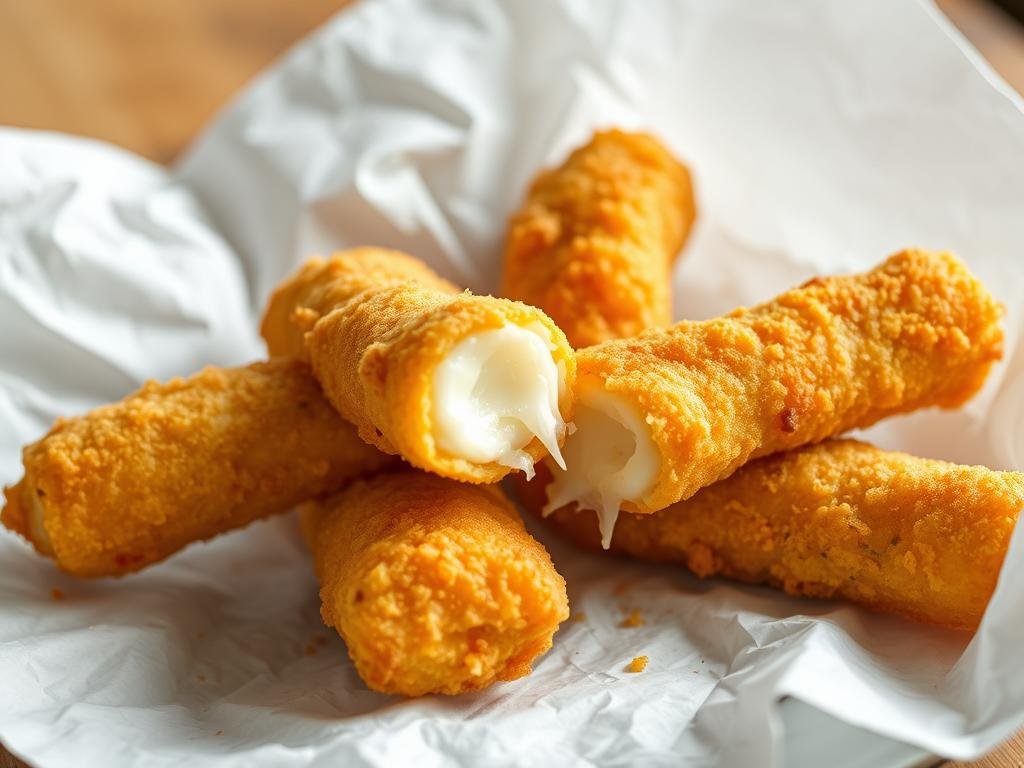 Freshly fried mozzarella sticks draining on paper towels