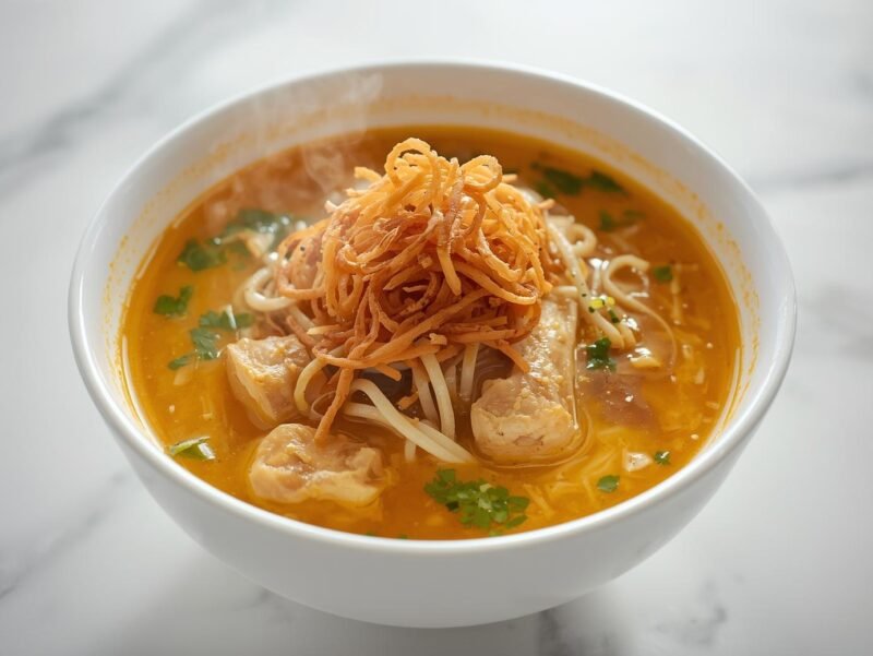 A bowl of Northern Thai Khao Soi with crispy noodles on top - one of the 15 Must-Try Asian Dishes