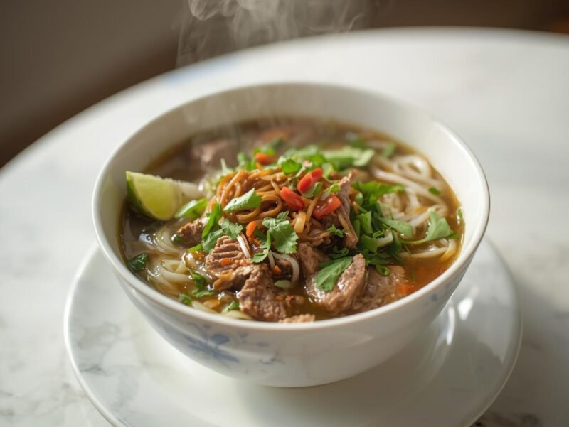 A steaming bowl of Vietnamese pho with fresh herbs and lime - one of the 15 Must-Try Asian Dishes